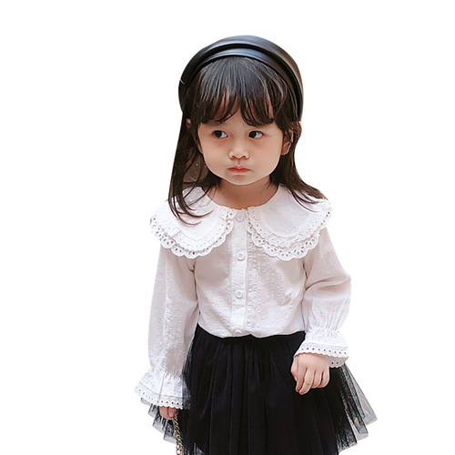 女童白色衬衫2023春秋款儿童花边双领衬衣宝宝喇叭长袖开衫韩版