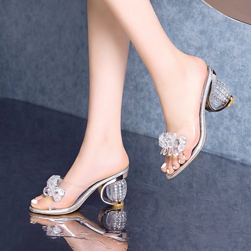 Fashionable outer wear sandals for women 2024 summer new flower mid-heel sexy transparent one-line sandals drop shipping