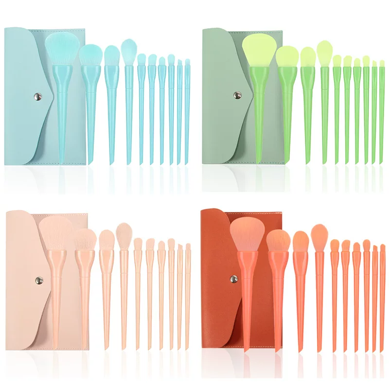 Makeup brush set, 10 pieces, portable pouch, artificial fiber bristles
