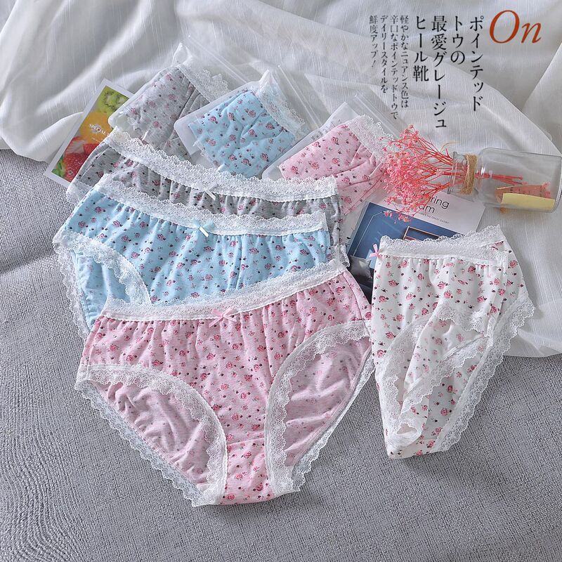 Japanese Foreign trade cotton underwear women's briefs girl lace thin shorts middle and low waist pants for middle school students cute