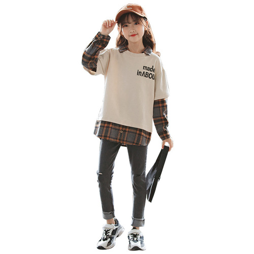 2024 New Autumn Clothes Korean Style Girls' Sweaters Black Plaid Apricot Plaid Cross-Border Casual Sports Girls' Sweaters