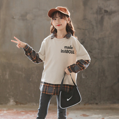 2024 New Autumn Clothes Korean Style Girls' Sweaters Black Plaid Apricot Plaid Cross-Border Casual Sports Girls' Sweaters