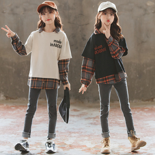 2024 New Autumn Clothes Korean Style Girls' Sweaters Black Plaid Apricot Plaid Cross-Border Casual Sports Girls' Sweaters