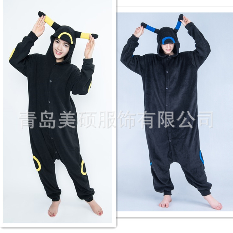 Autumn and Winter Cartoon One-Piece Long-Sleeved Polar Fleece Pajamas, Home Wear, Black Moon Elf, Men's and Women's Style, Warm and Casual at Home