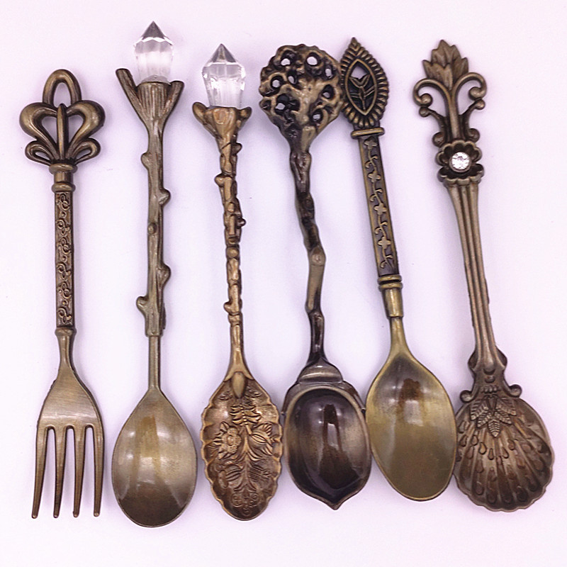 Traje de café estilo Palacio retro 6 supermercado pastel de frutas tenedor cuchara de flor de Granada pequeño tono más cuchara decorativa de bronce