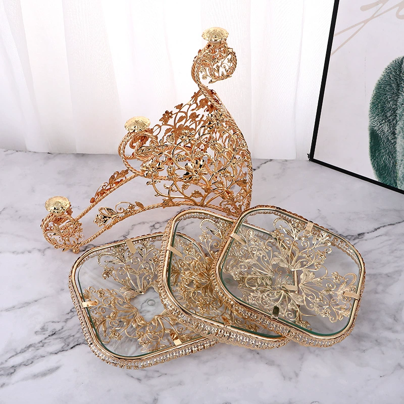 Multi-tier Tempered Glass Fruit Plate, Golden Decorative Stand, base Ø29cm plate Ø19cm H30cm
