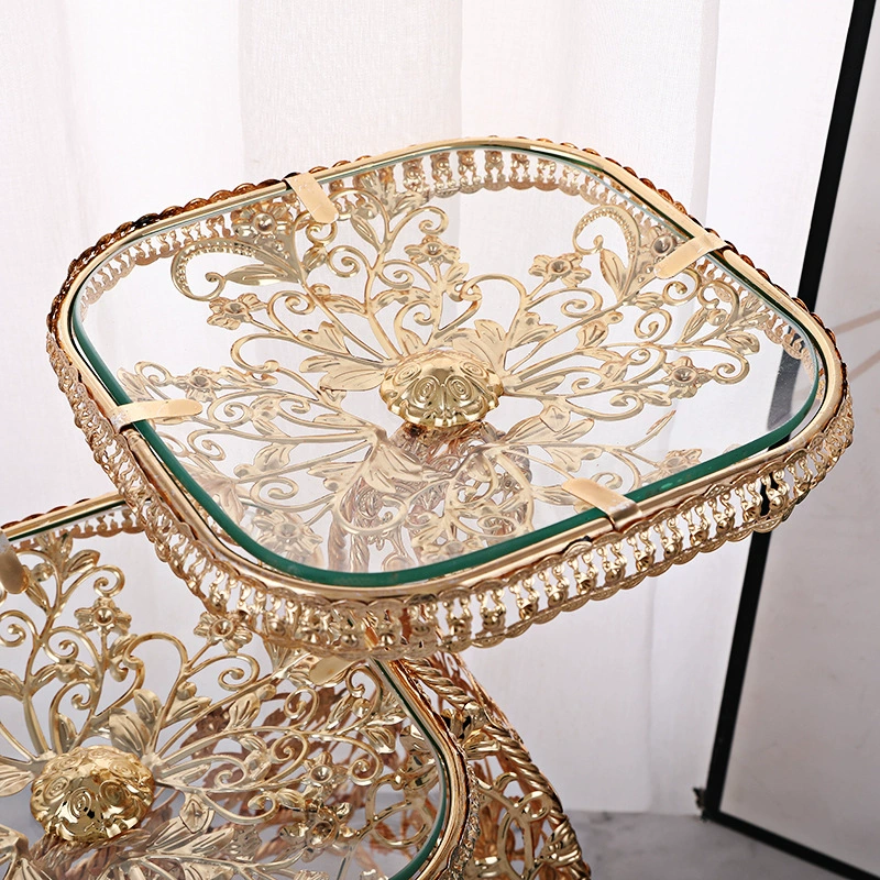 Multi-tier Tempered Glass Fruit Plate, Golden Decorative Stand, base Ø29cm plate Ø19cm H30cm