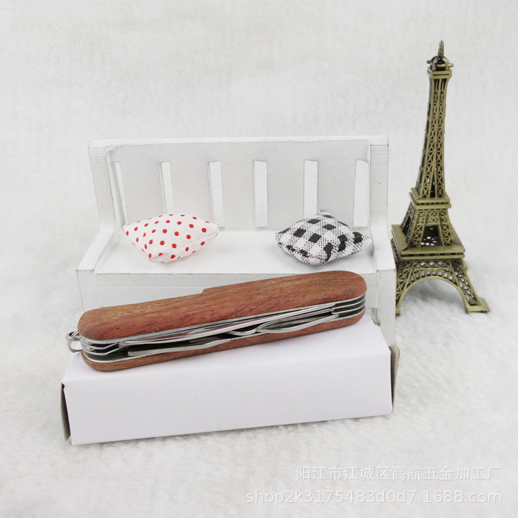 木柄多功能小刀 不锈钢礼品小刀7开折叠小刀户外野营工具