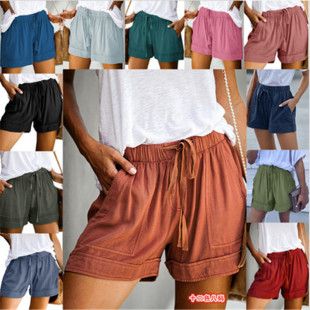 Amazon Wish Casual Wide Leg Loose Shorts Summer New European and American Clothing High Waist Elastic Tie Shorts