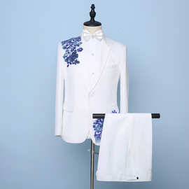 白西服男装贴花青年亮片绣花大合唱演出服礼服歌手主持服装演出服