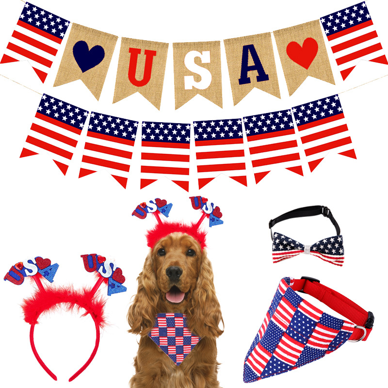 Pet Set American Flag Independence Day Ma Bula Flag Party Decoration Triangle Scarf Bow Tie Headband Holiday Dress