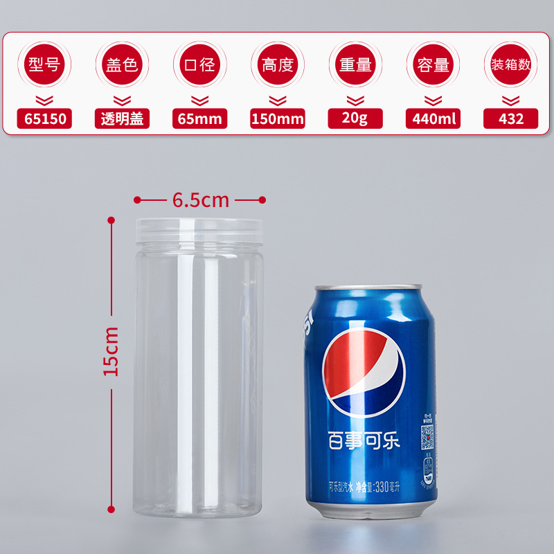 Fábrica en stock al por mayor botella de plástico para mascotas embalaje sellado tarro grado alimenticio cubierta transparente boca ancha Cubo de almacenamiento redondo