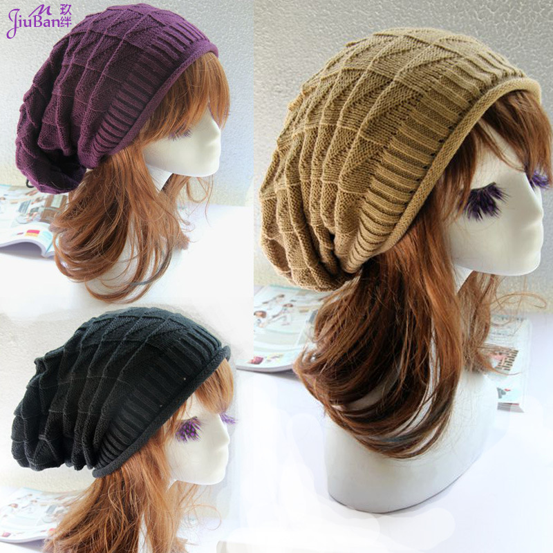 亚马逊三角菱形格帽子 韩版秋冬毛线女帽 堆堆帽套头帽针织帽