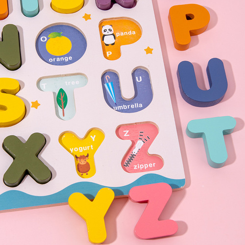 Wooden colorful letter and number matching puzzle blocks for infants and young children, early education smart building blocks toys, wholesale