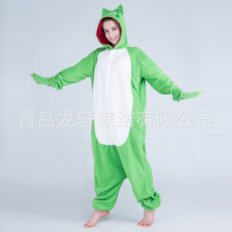 Green Autumn and Winter Manufacturer Wholesale Cross-Border Cartoon Animal Onesies Fleece Frog Couple Home Wear Performance Clothing