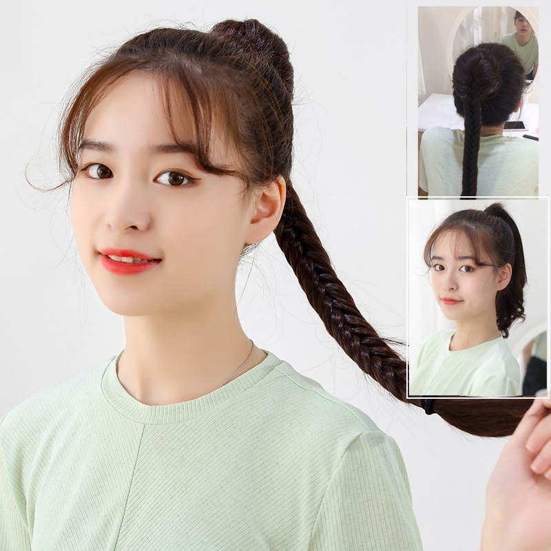 Wig Women's Handmade Fishbone Twist Braid Pony Tail Fake Pony Tail Drawstring Buckle Hair Bag Fashionable Long Pony Tail Hair Piece