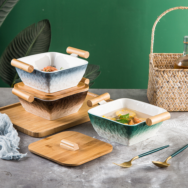 Nordic ins estilo tazón de cerámica Hogar personalizado tazón de sopa tazón de fideos instantáneos tazón de ensalada de frutas binaural creativo con tapa vajilla