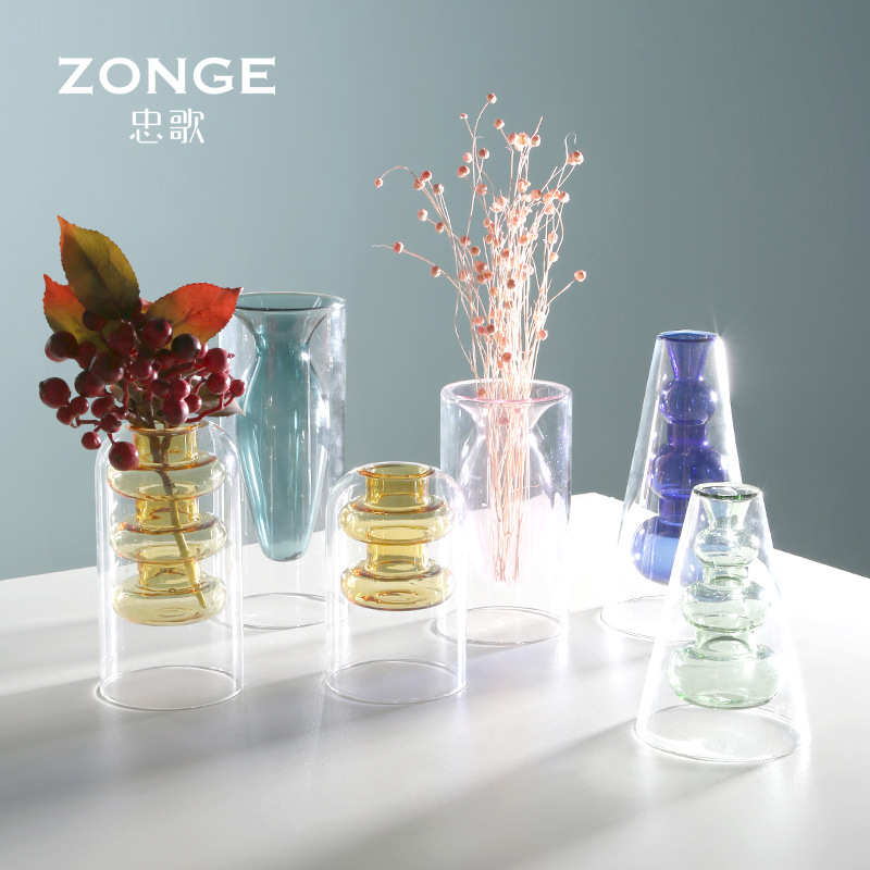 北欧创意彩色玻璃小花瓶摆件创意水培透明干花器家居客厅装饰摆设