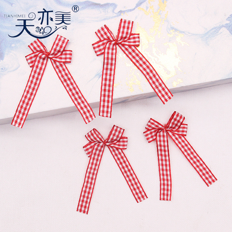 1cm rojo y blanco a cuadros cinta arco Yiwu fabricantes pueden hacer accesorios de ropa escocesa arco a cuadros