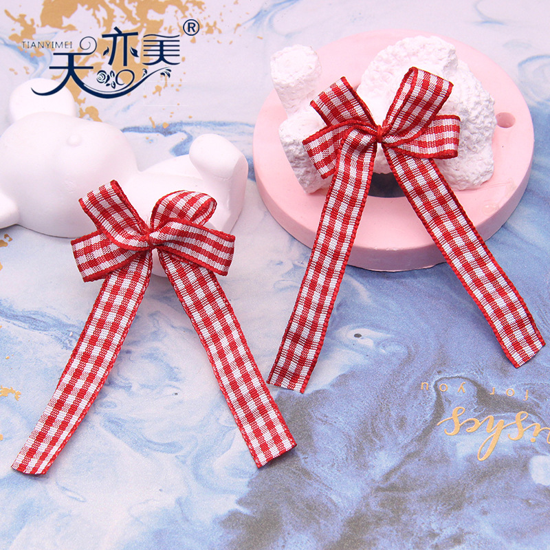 1cm rojo y blanco a cuadros cinta arco Yiwu fabricantes pueden hacer accesorios de ropa escocesa arco a cuadros