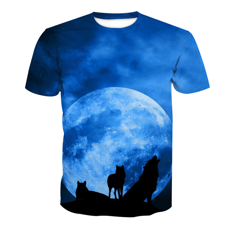 Cross-border Foreign Trade Summer Moonlight Wolf 3D Digital Printing Men's and Women's Crewneck Loose Short-sleeved T-shirt