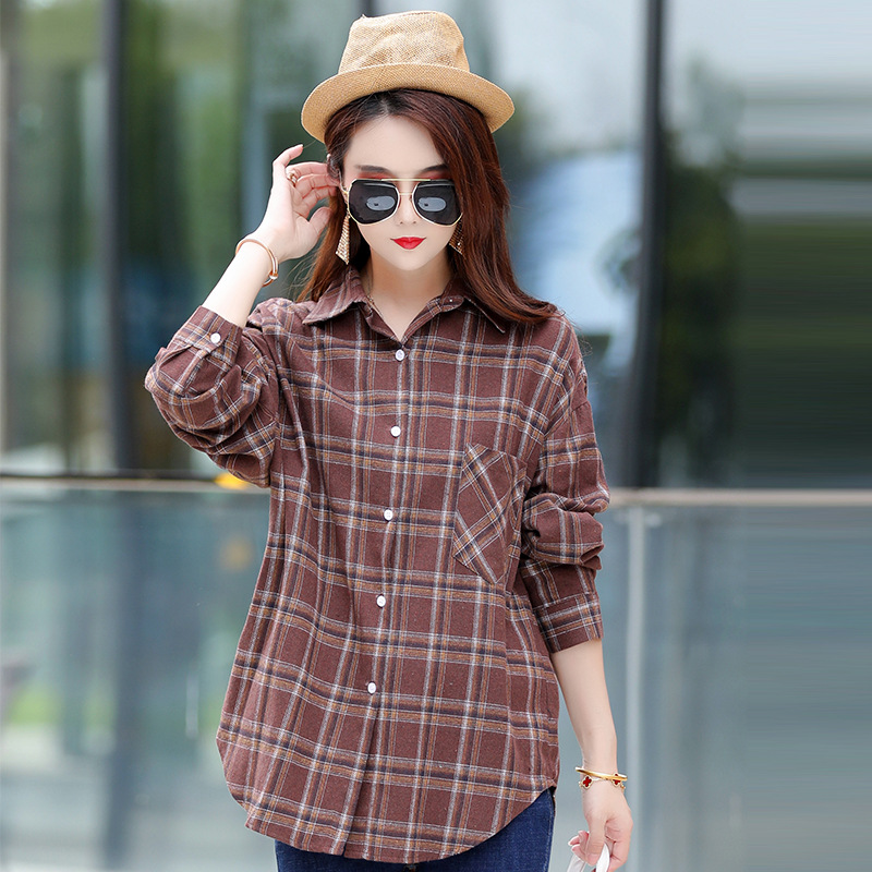 Women's spot long plaid shirt Spring and Autumn New Korean version of loose slim Joker women's shirt Women's wholesale