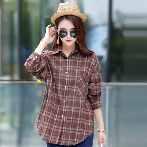 Women's mid-length plaid shirt spring and autumn new Korean version loose slim versatile women's shirt wholesale