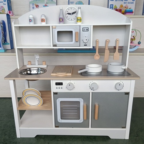 Boys and Girls Wooden Play Kitchen with Realistic Furniture for Children, Cooking Playset for Kindergarten and Playground
