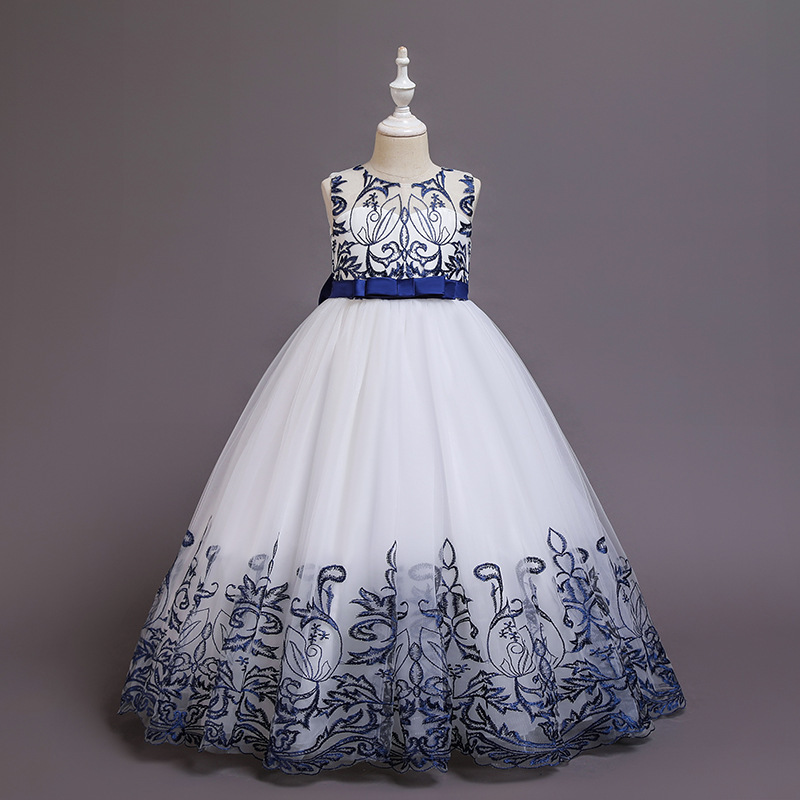 New Children's Dress Bow Princess Dress Long Lace Performance Dress Girls Dress Performance Children's Clothing