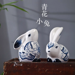 中式动物陶瓷工艺品小兔子摆件家居装饰品电视柜摆饰青花瓷摆件