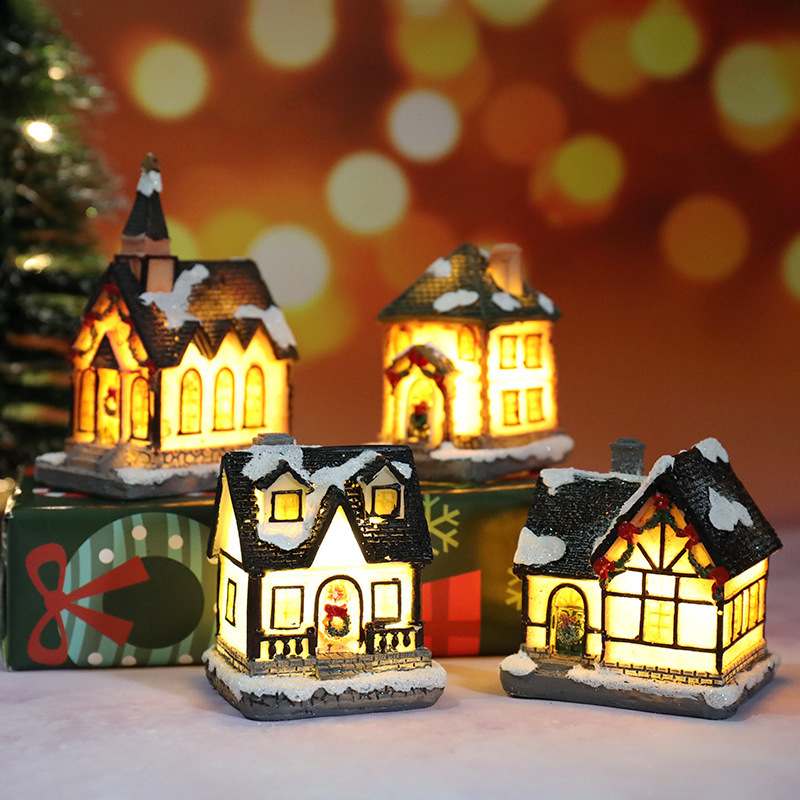 Cross-Border Popular Christmas Decoration Resin Small House Led Light-Up Resin House Creative Christmas Gift