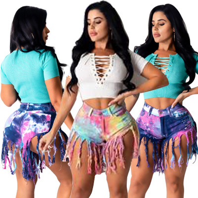 Verano 2023 Internet celebridad rasgado vaina cintura baja alta elástica American Amazon en stock pantalones vaqueros de las mujeres de borla teñida