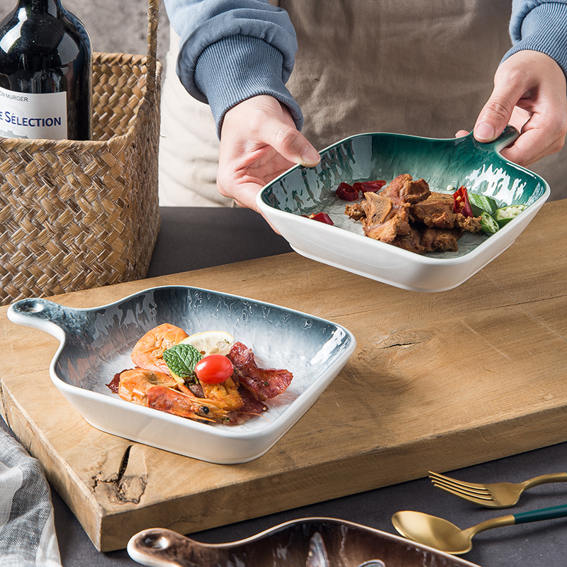 Nórdico simple vajilla de cerámica placa occidental hogar desayuno placa mango cuadrado creativo personalizado placa hornear pan