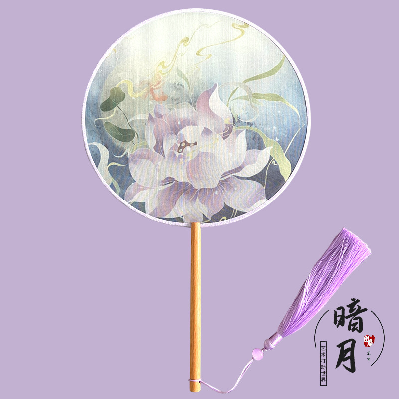 En stock ventilador redondo han ventilador de ropa estilo antiguo translúcido mango largo traje antiguo ventilador de baile Super Hada estilo chino en forma de ventilador redondo