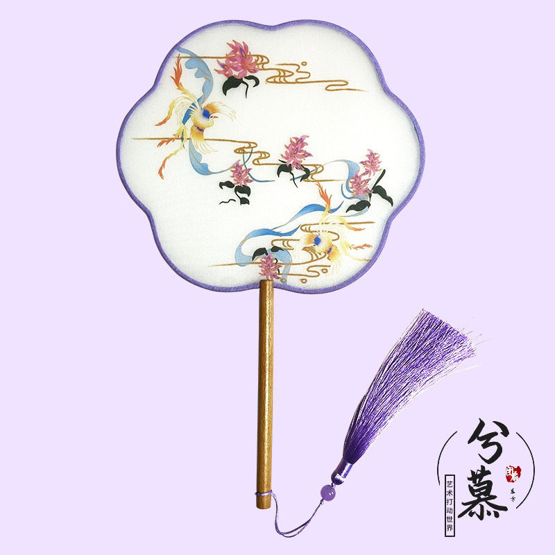 En stock ventilador redondo han ventilador de ropa estilo antiguo translúcido mango largo traje antiguo ventilador de baile Super Hada estilo chino en forma de ventilador redondo