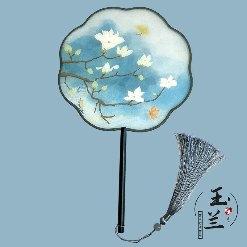 En stock ventilador redondo han ventilador de ropa estilo antiguo translúcido mango largo traje antiguo ventilador de baile Super Hada estilo chino en forma de ventilador redondo