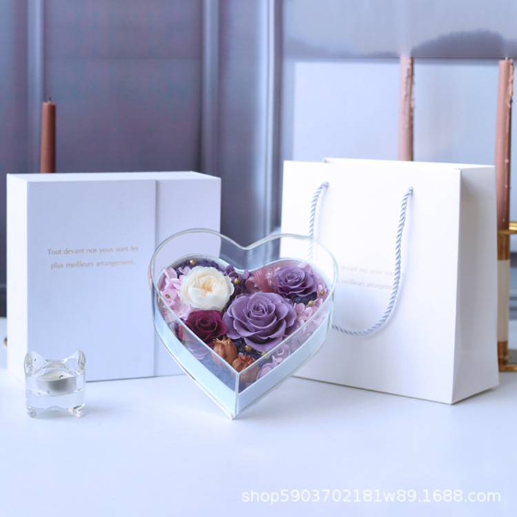 Flor eterna acrílica en forma de corazón, un regalo para tu novia en el Día de San Valentín chino, rosa eterna.