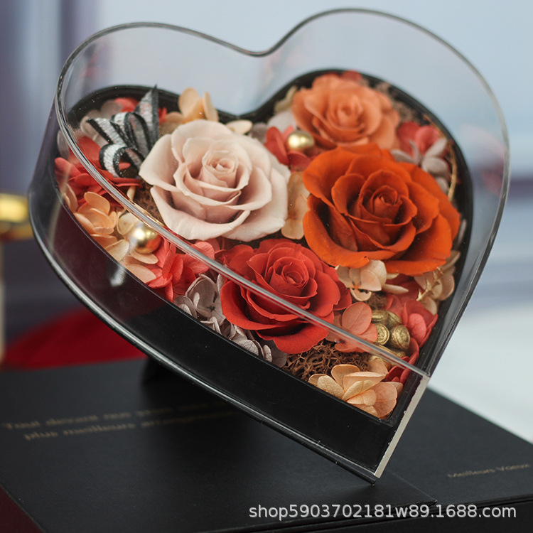 Flor eterna acrílica en forma de corazón, un regalo para tu novia en el Día de San Valentín chino, rosa eterna.