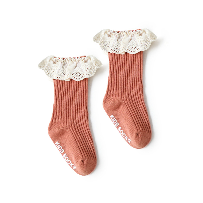 Calcetines para niños Primavera y otoño nuevos calcetines de media pantorrilla de encaje de color puro para niñas calcetines para bebés sin hueso Calcetines antideslizantes para bebés