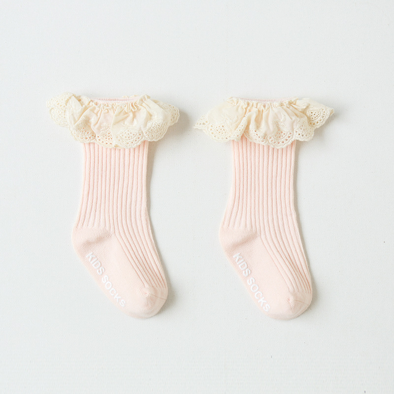Calcetines para niños Primavera y otoño nuevos calcetines de media pantorrilla de encaje de color puro para niñas calcetines para bebés sin hueso Calcetines antideslizantes para bebés
