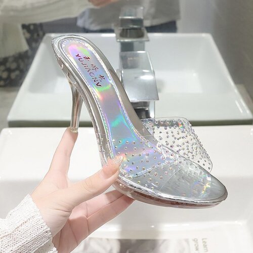 Stylish High Heel Slides for Women - Summer Fine Heel Transparent Crystal Waterproof Platform One-Piece Flats - Slim Thick Sole Fish Mouth Sandals
