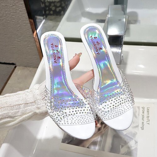 Stylish High Heel Slides for Women - Summer Fine Heel Transparent Crystal Waterproof Platform One-Piece Flats - Slim Thick Sole Fish Mouth Sandals