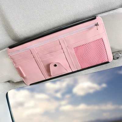 Car Glasses Clip/Bill Clip Multifunctional Sun Visor Storage Card - pink-8015-zipper-ticket-holder