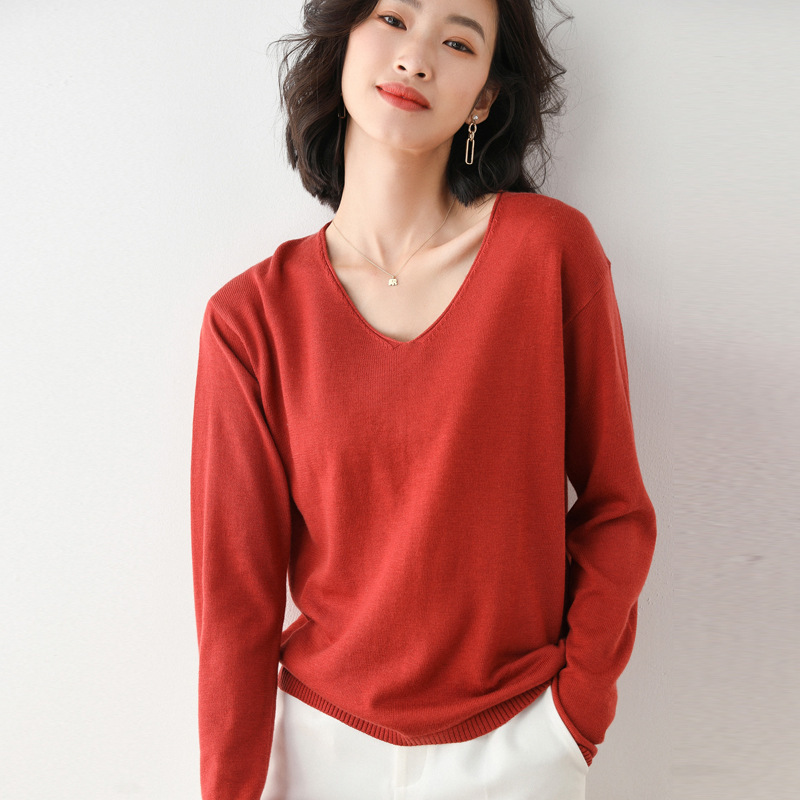 20 Autumn New Curl V-neck Sweater Women's Thin Loose Outer Wear Knitted Sweater Korean Versatile Long Sleeve Top