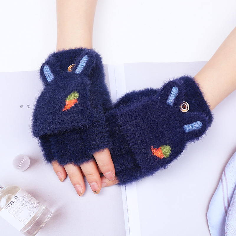 Gloves Female Autumn/Winter Korean Edition thickened warm clamshell half finger cute rabbit ears radish pattern student fleece gloves