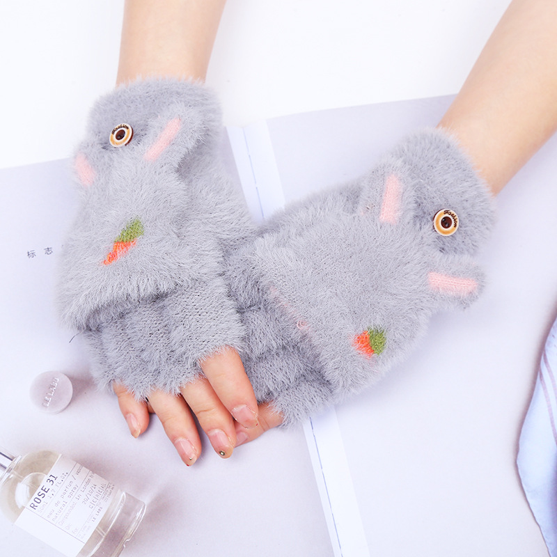 Gloves Female Autumn/Winter Korean Edition thickened warm clamshell half finger cute rabbit ears radish pattern student fleece gloves