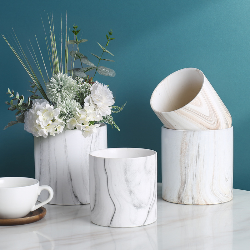 Ceramic Flower Pot Round Marble Pattern Home Simple Creative Nordic Fleshy Green Plant Tray Golden Hydroponic Set