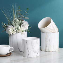 陶瓷花盆圆形大理石纹家居简约创意北欧白色多肉绿植托盘水培套装