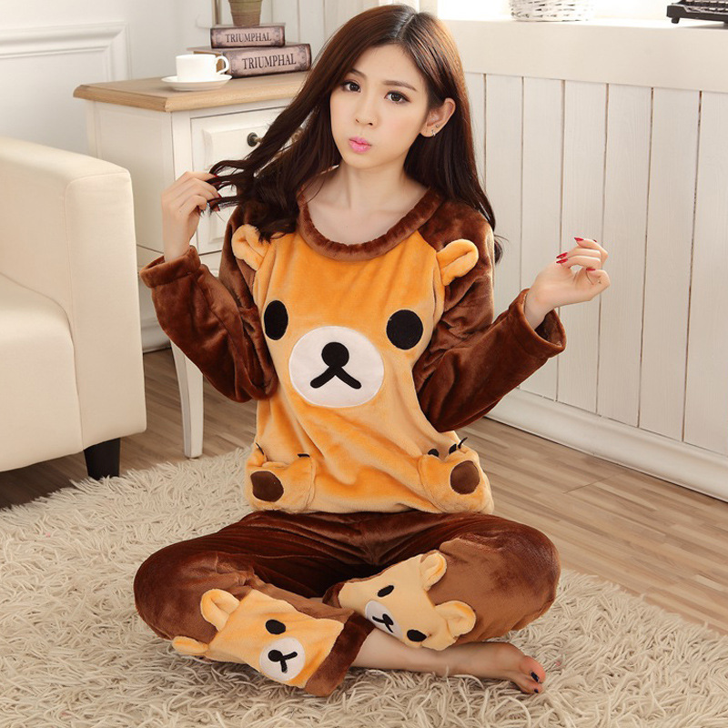 Low price promotional trade flannel pajamas Taobao brown mink velvet sleeping easy bear winter long sleeve thick