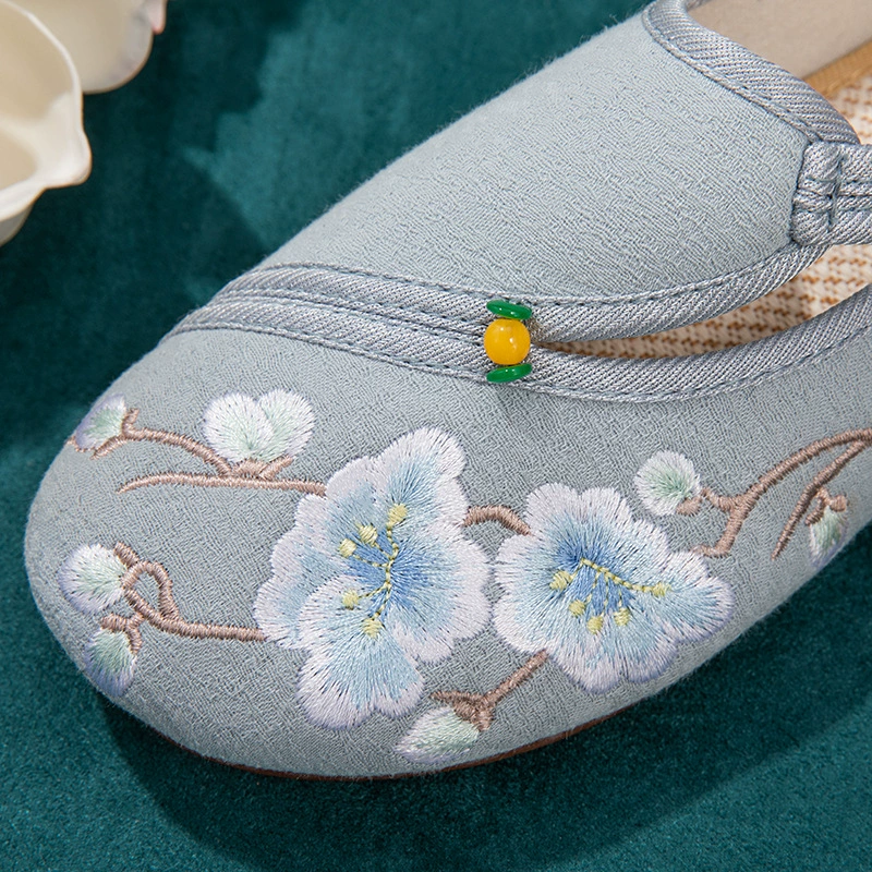 Ethnic Hanfu Shoes, jacquard cotton upper, jelly sole 2 cm, side buckle (sizes 35–40)